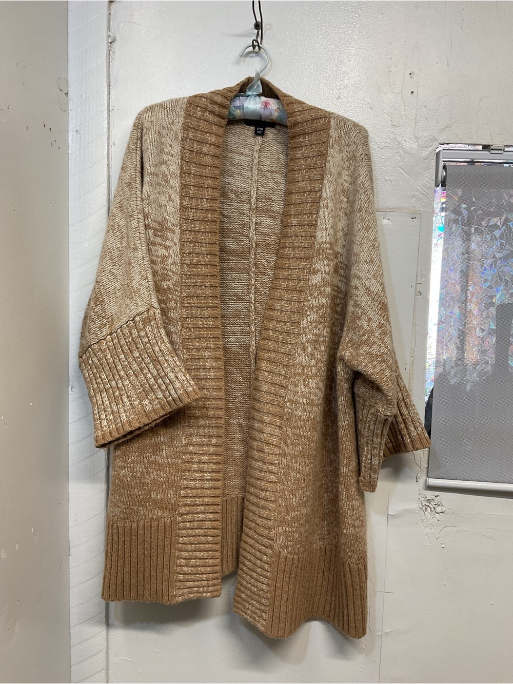Lands End Tan Open Front Cardigan Sweater Ribbed Trim size SM-